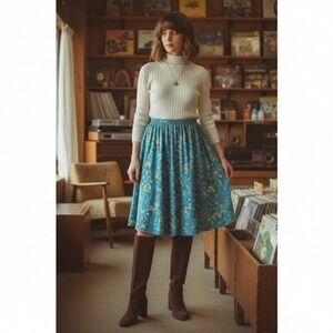 Vtg Liz Baker Skirt Womens Petite Large Blue Floral BOHO CottageCore Aline